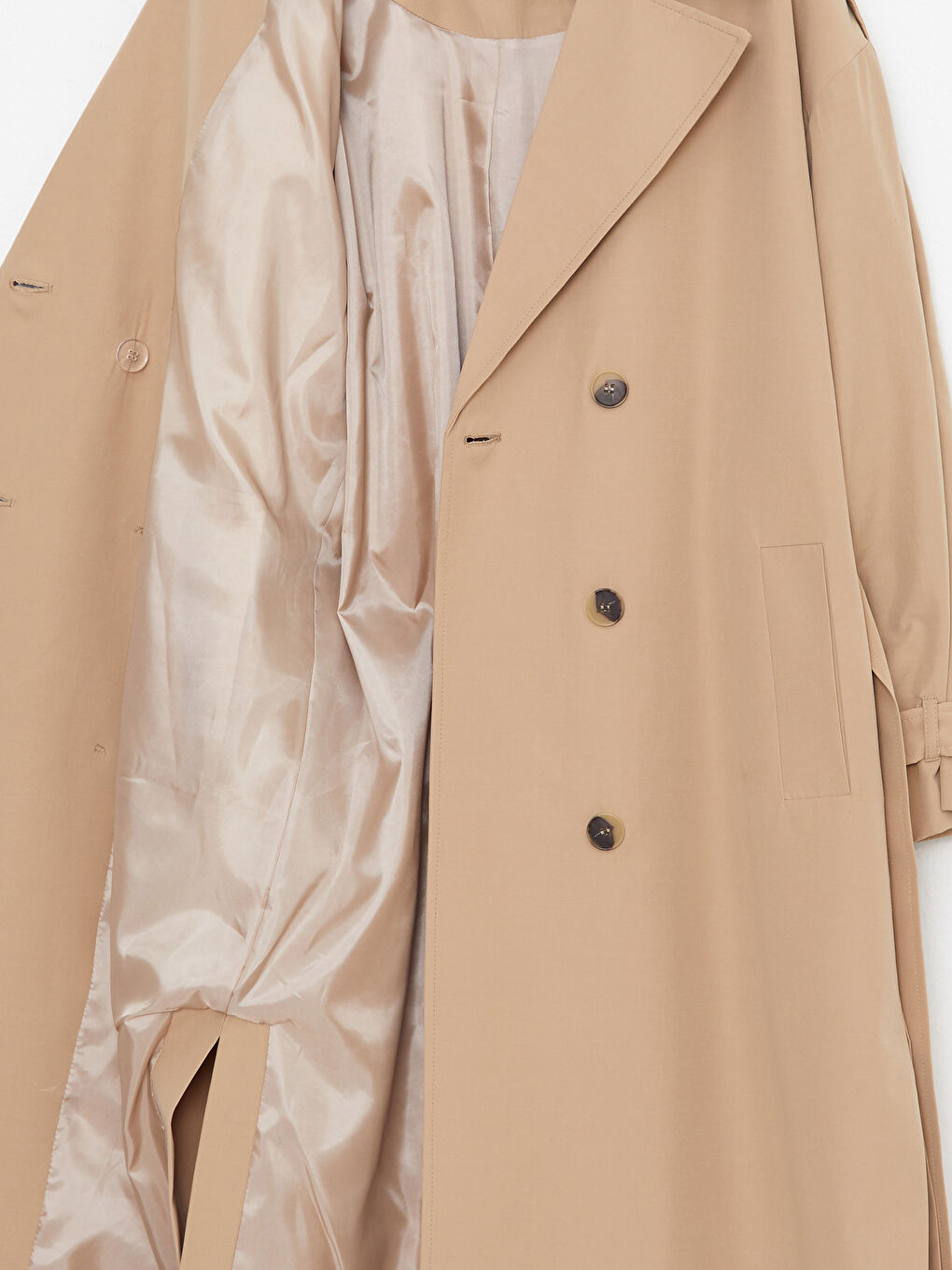 Bej Ceket Yaka Düz Uzun Kollu Kadın Trençkot-11