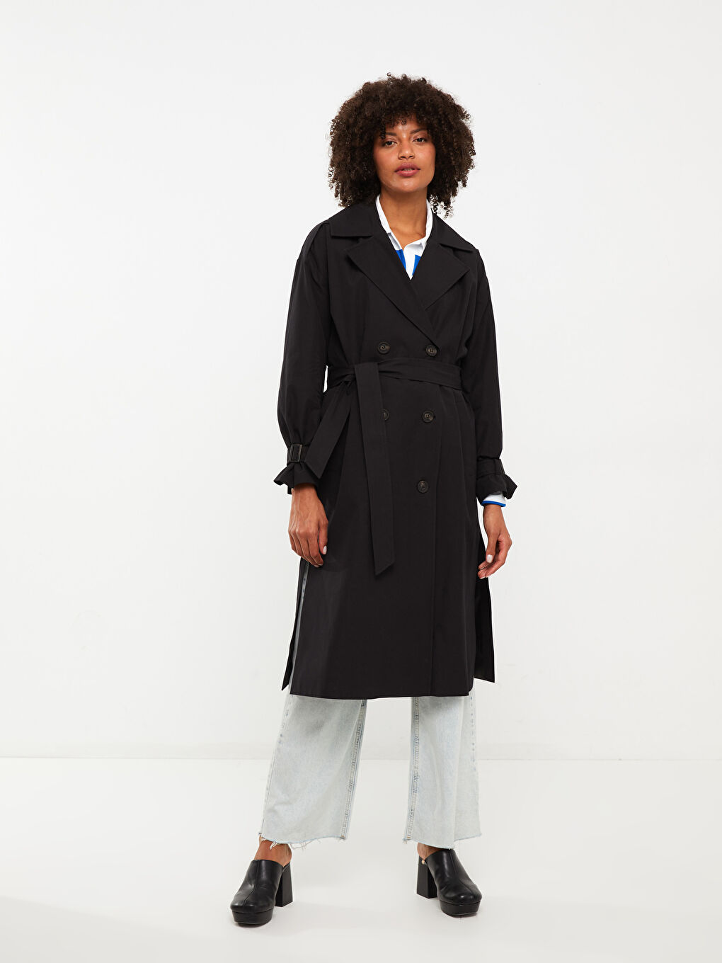 Siyah Ceket Yaka Düz Uzun Kollu Kadın Trençkot-2