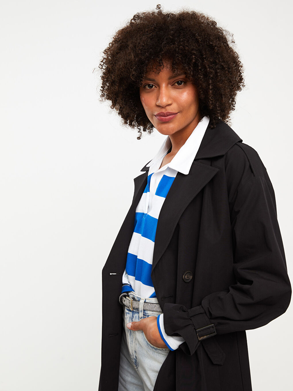 Siyah Ceket Yaka Düz Uzun Kollu Kadın Trençkot-3