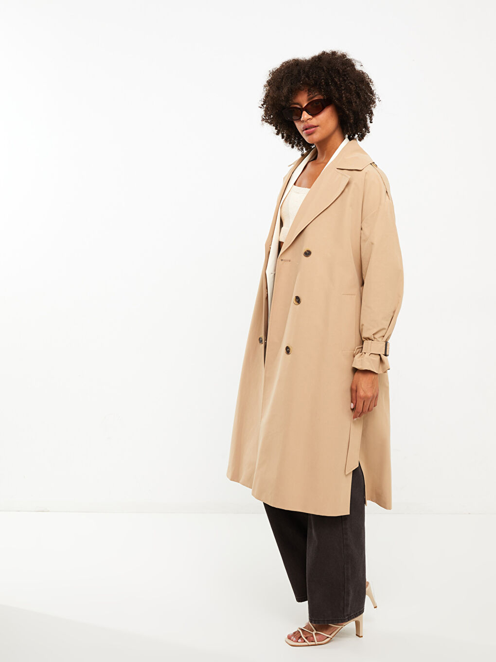 Bej Ceket Yaka Düz Uzun Kollu Kadın Trençkot-4