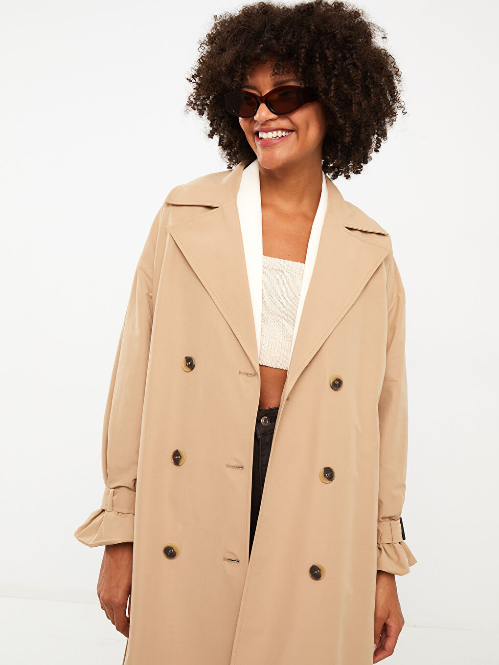 Bej Ceket Yaka Düz Uzun Kollu Kadın Trençkot-5