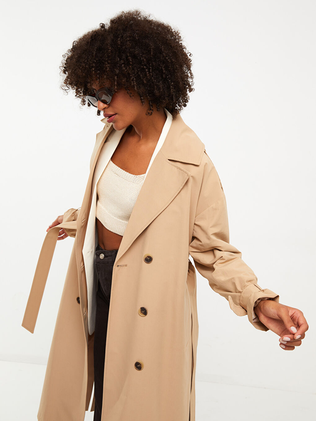 Bej Ceket Yaka Düz Uzun Kollu Kadın Trençkot-6