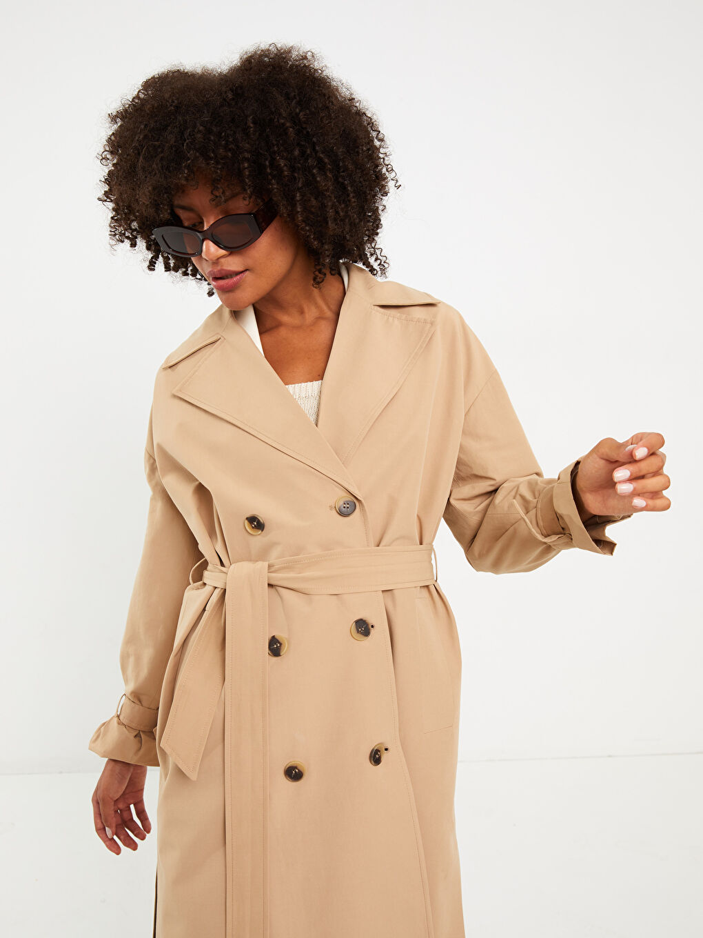 Bej Ceket Yaka Düz Uzun Kollu Kadın Trençkot-7
