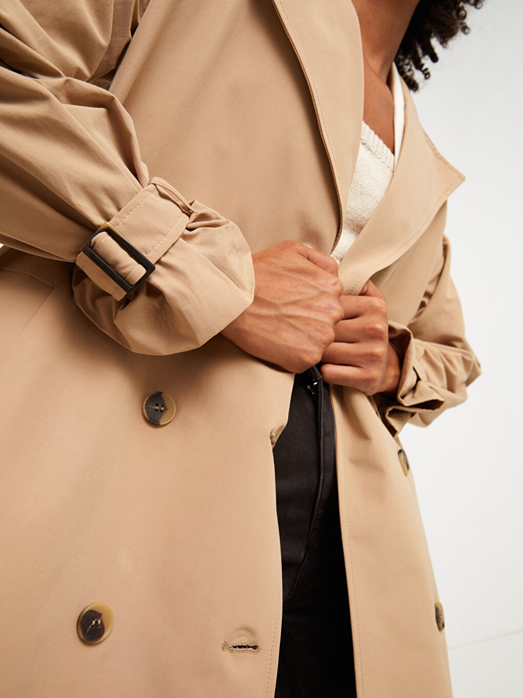 Bej Ceket Yaka Düz Uzun Kollu Kadın Trençkot-8