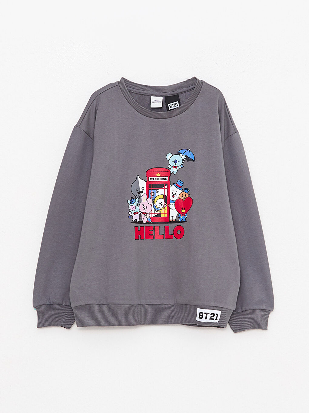 LCW Kids Gri Bisiklet Yaka BT21 Baskılı Uzun Kollu Kız Çocuk Sweatshirt