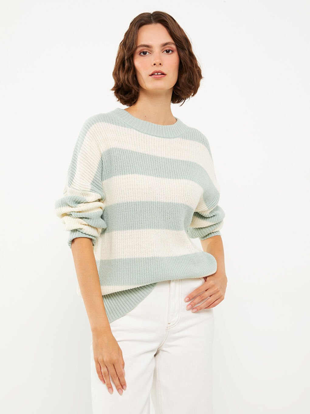 Crew Neck Striped Long Sleeve Women's Knitwear Sweater-1