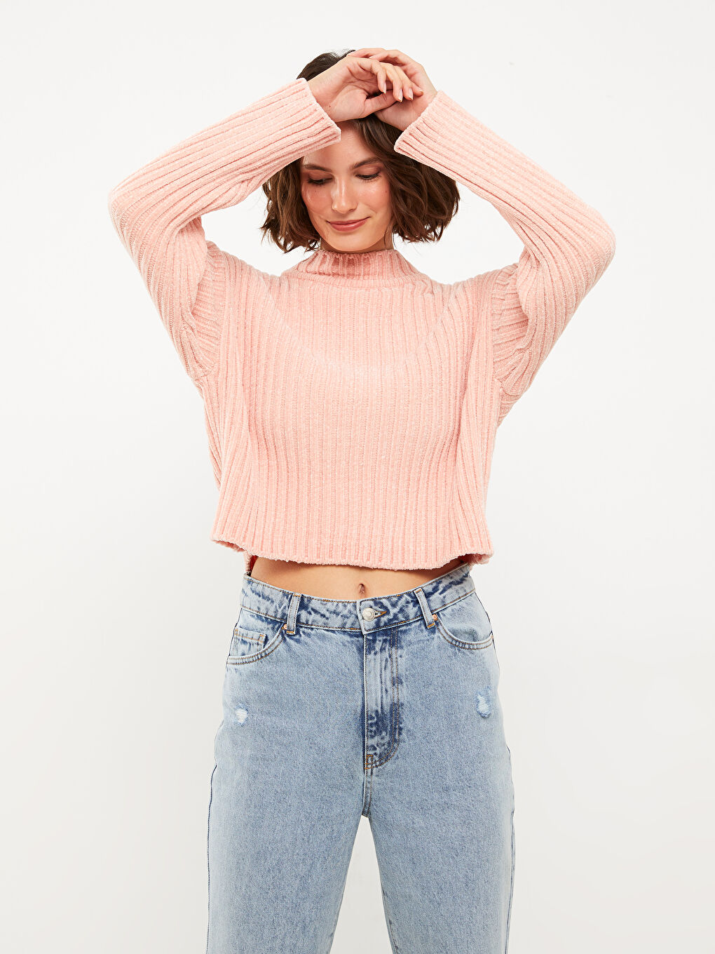 Пуловер с яка тип фуния за жени от трико-1