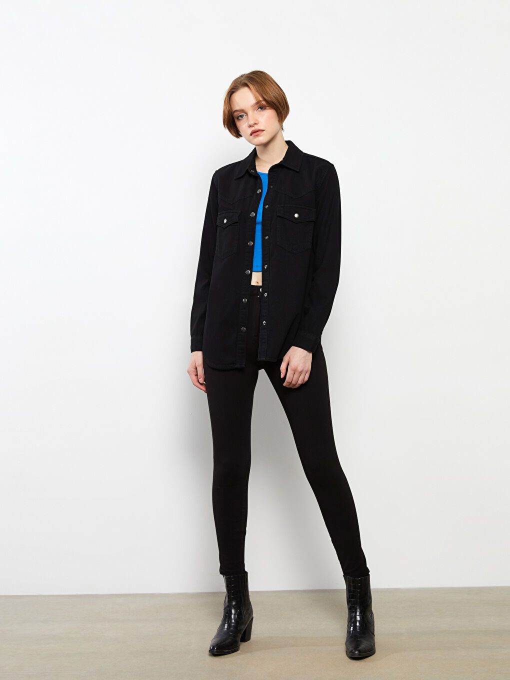 Front Button Closure Straight Long Sleeve Women's Rodeo Jean Shirt-1