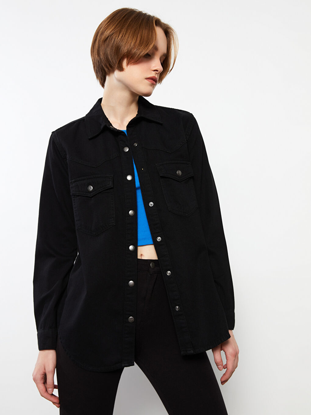 Front Button Closure Straight Long Sleeve Women's Rodeo Jean Shirt-2