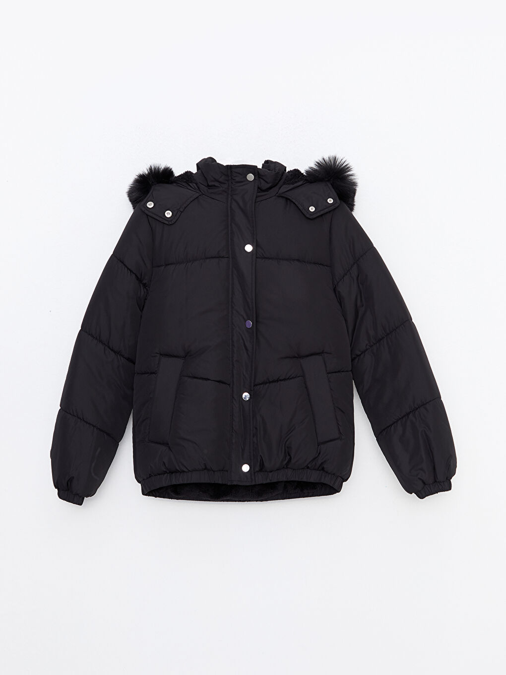 Siyah Kadın Kapüşonlu Düz Şişme Mont-6