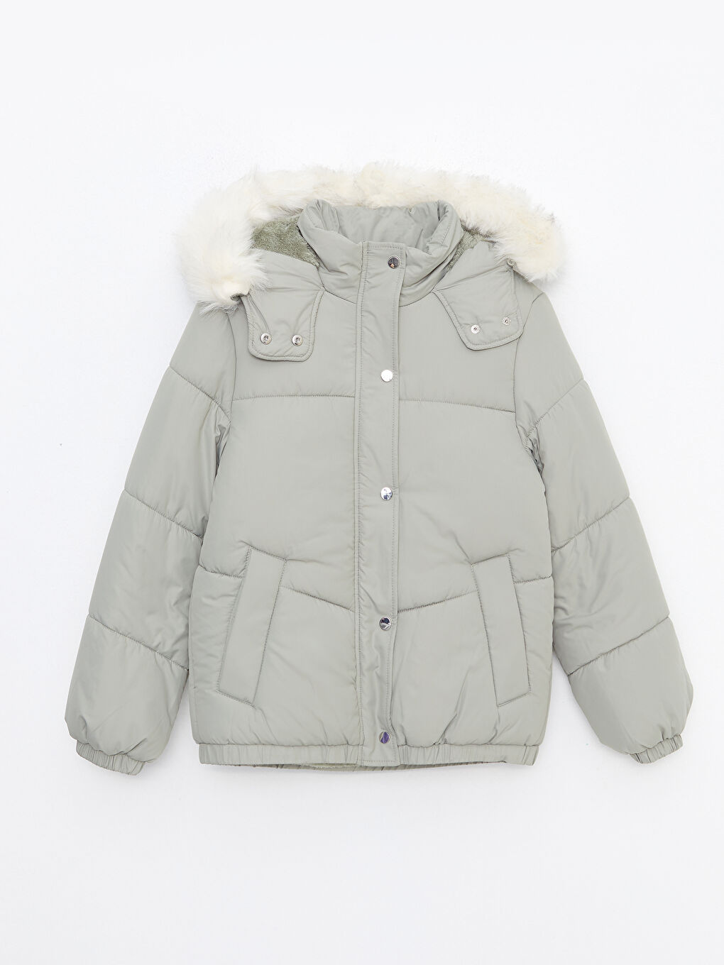 Haki Kadın Kapüşonlu Düz Şişme Mont-6