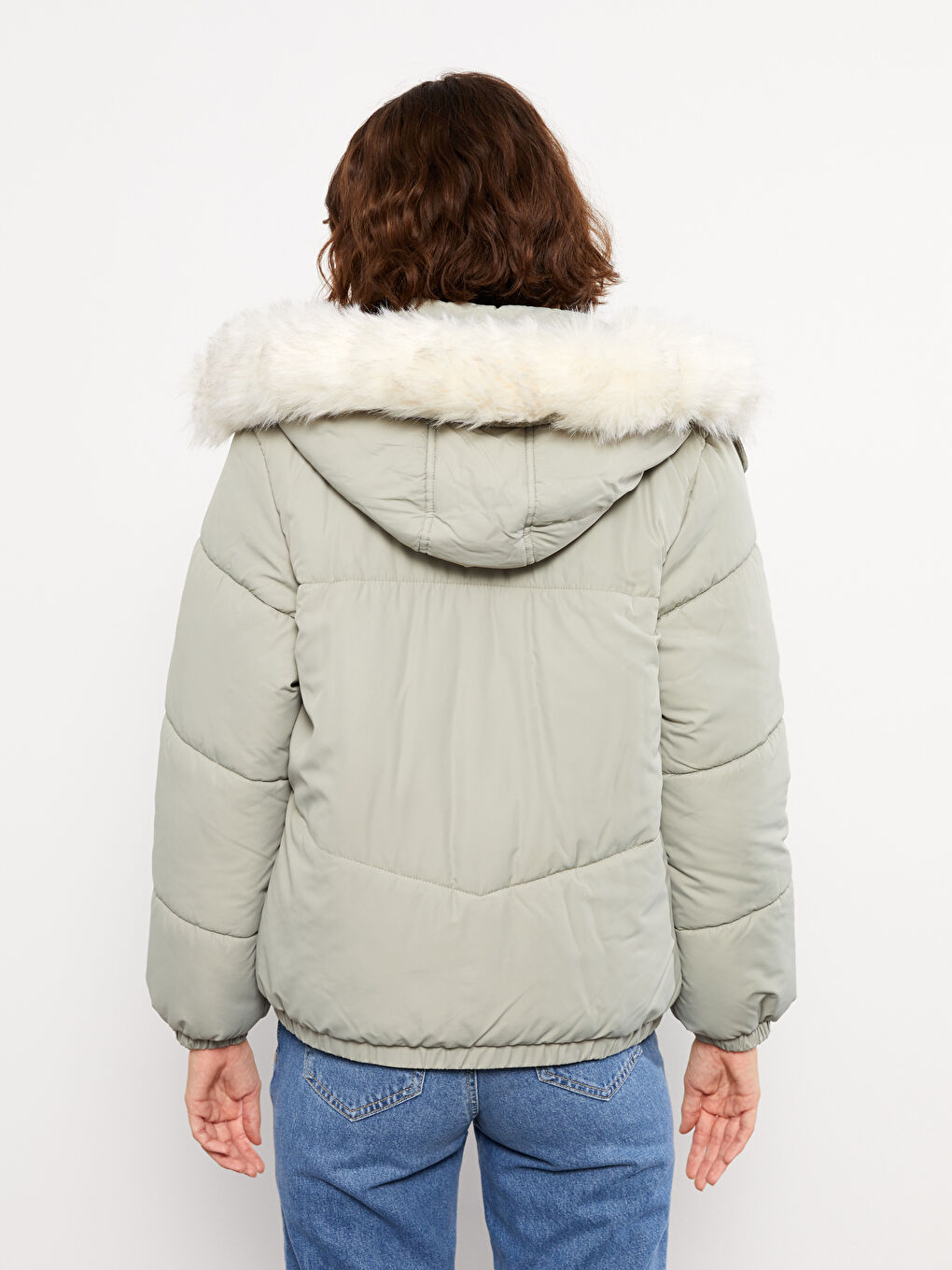 Haki Kadın Kapüşonlu Düz Şişme Mont-5