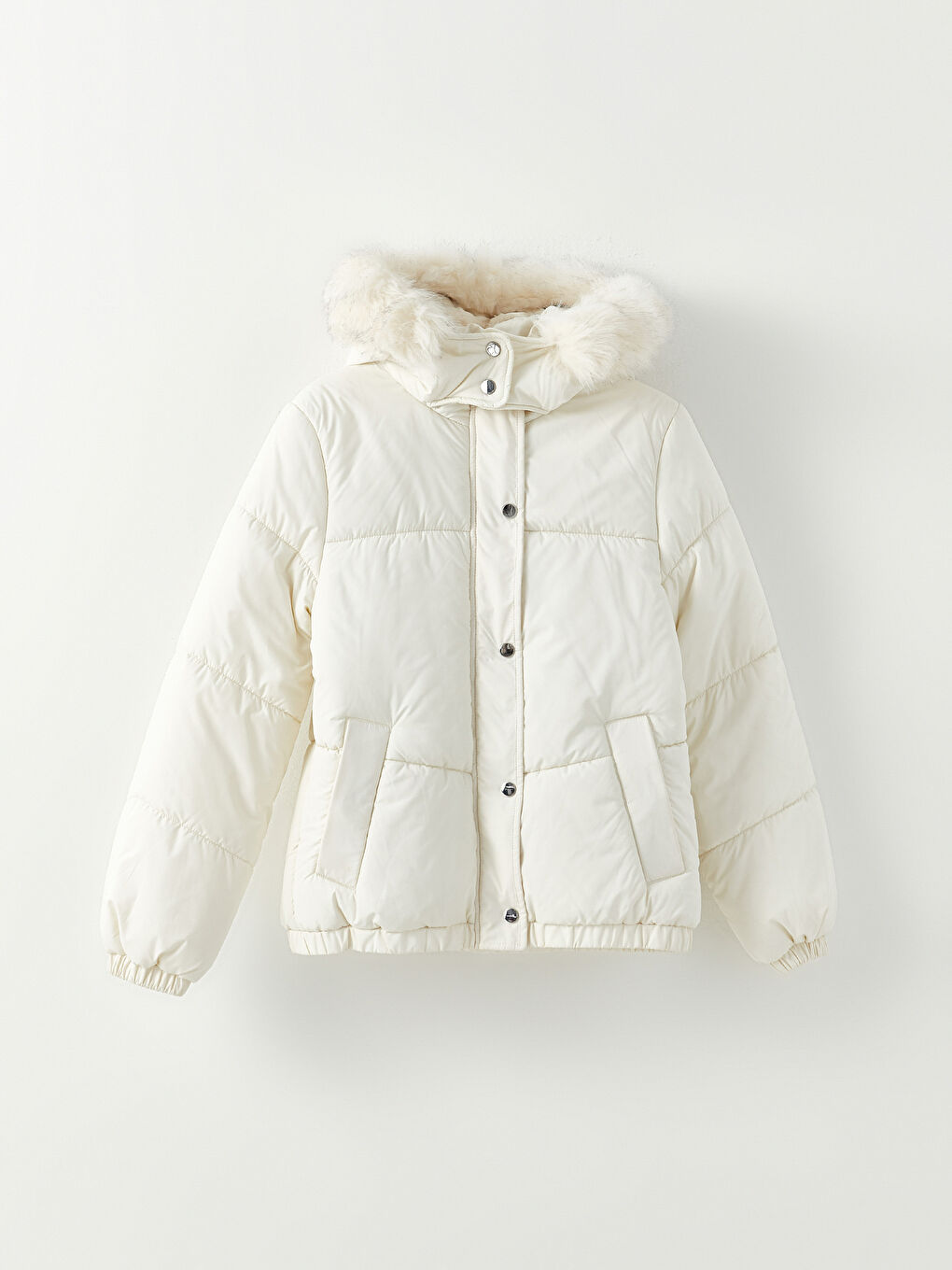 Ekru Kadın Kapüşonlu Düz Şişme Mont-9