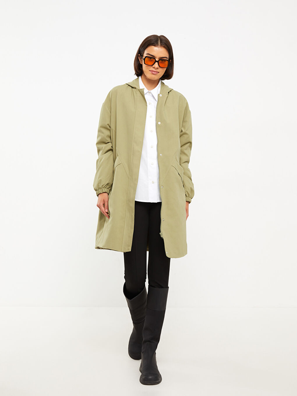 Haki Kadın Kapüşonlu Düz Mont-1