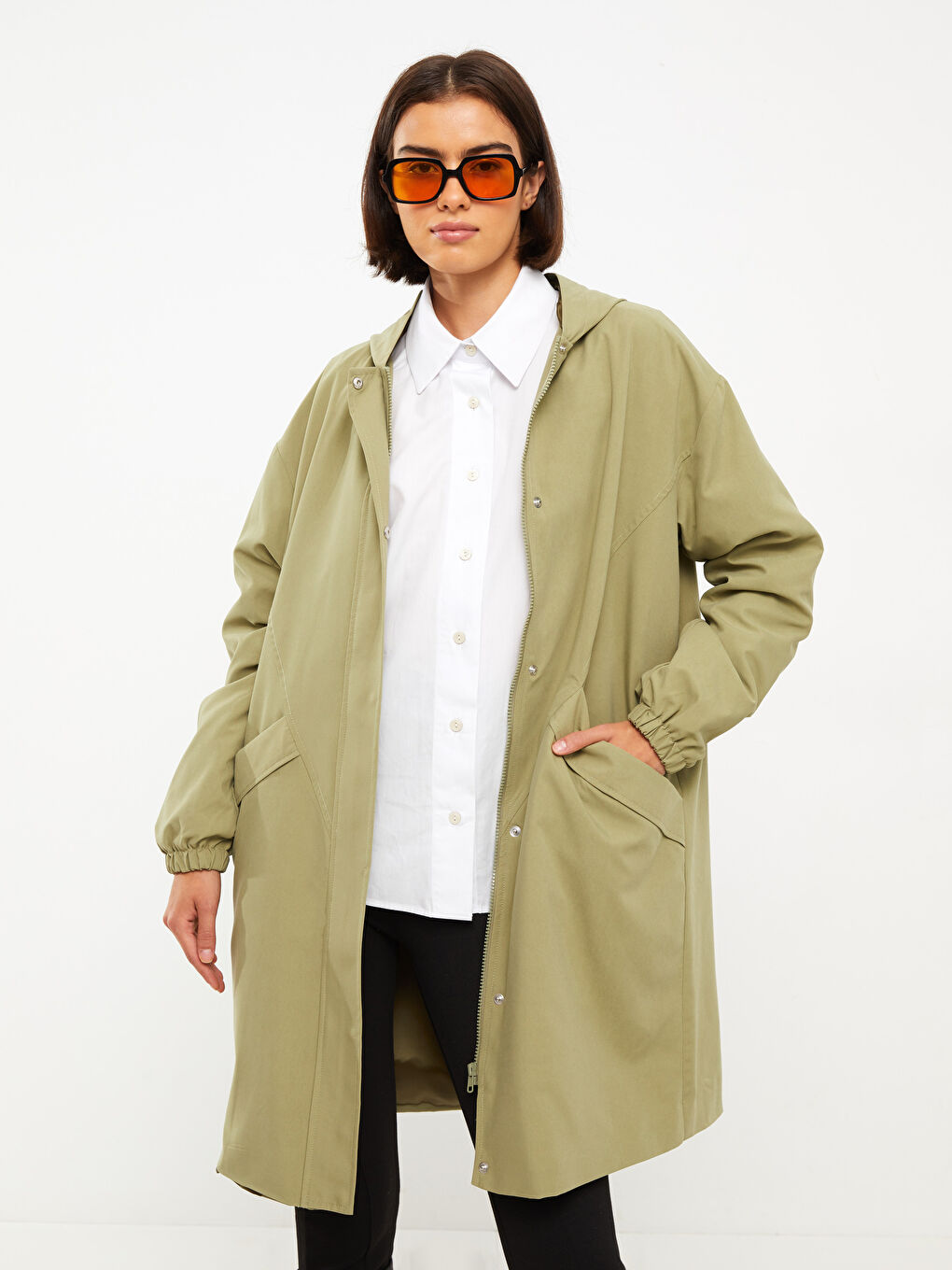 Haki Kadın Kapüşonlu Düz Mont-2