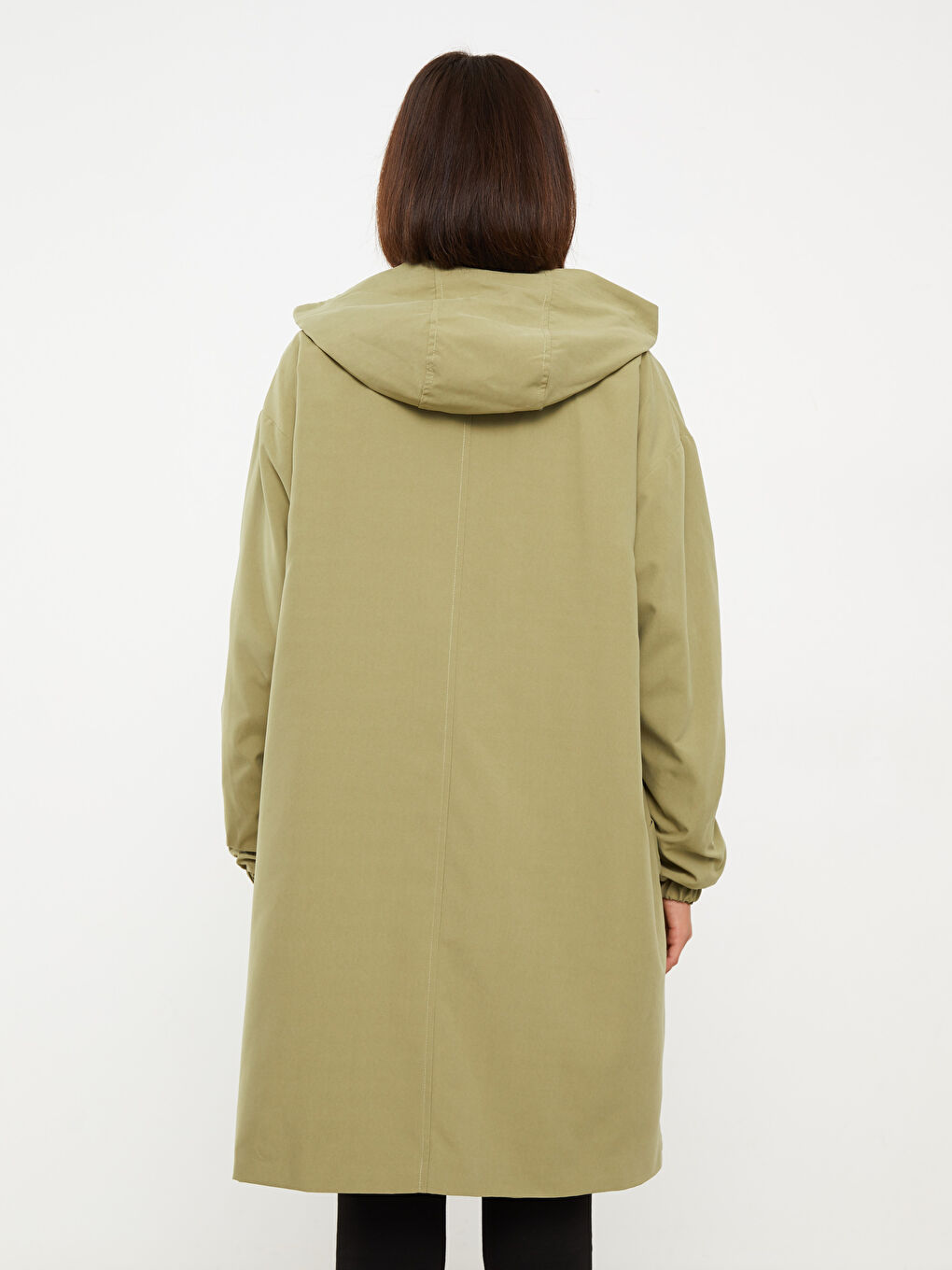 Haki Kadın Kapüşonlu Düz Mont-5