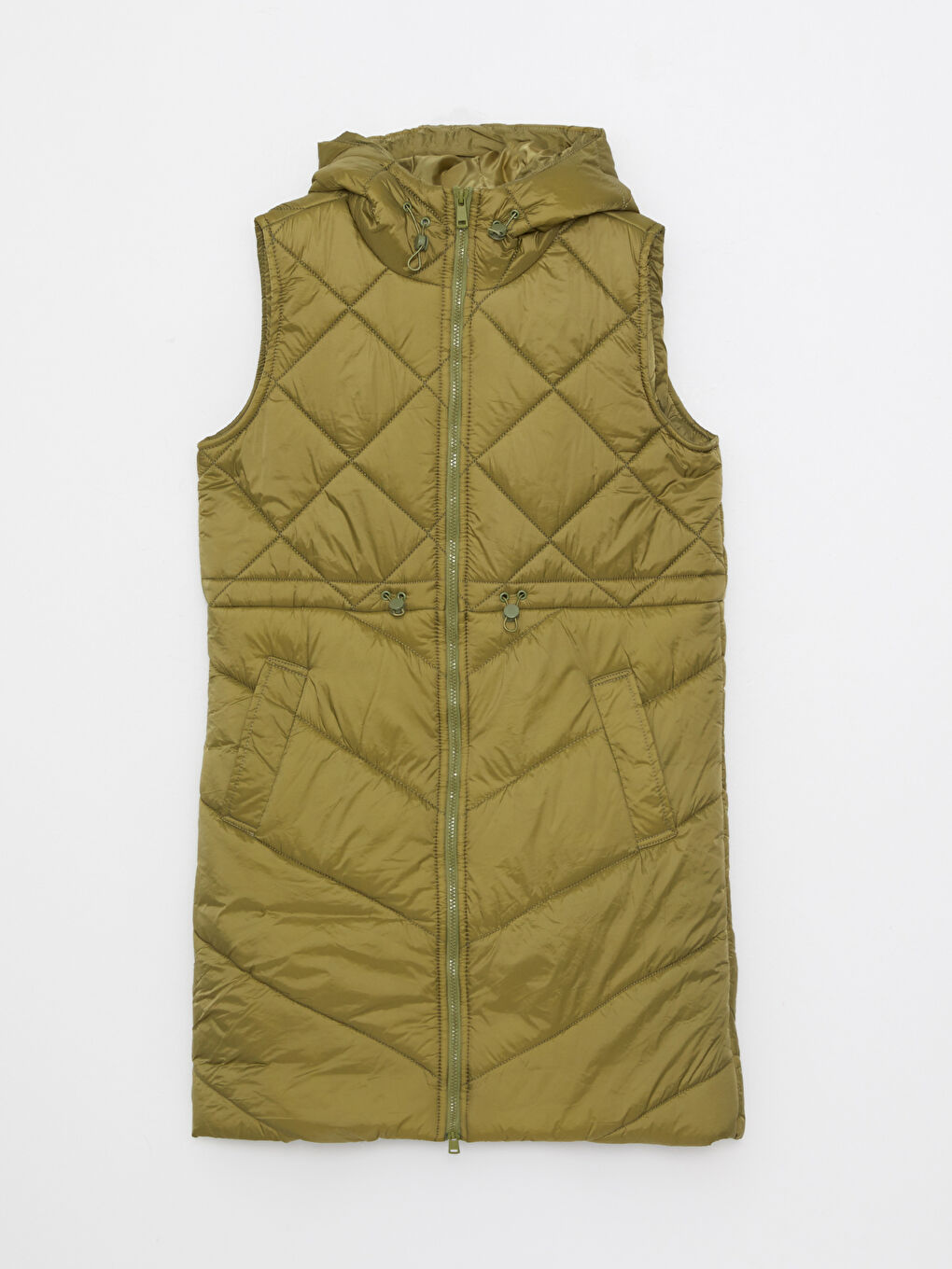 Haki Kapüşonlu Kapitone Desenli Kadın Şişme Yelek-5