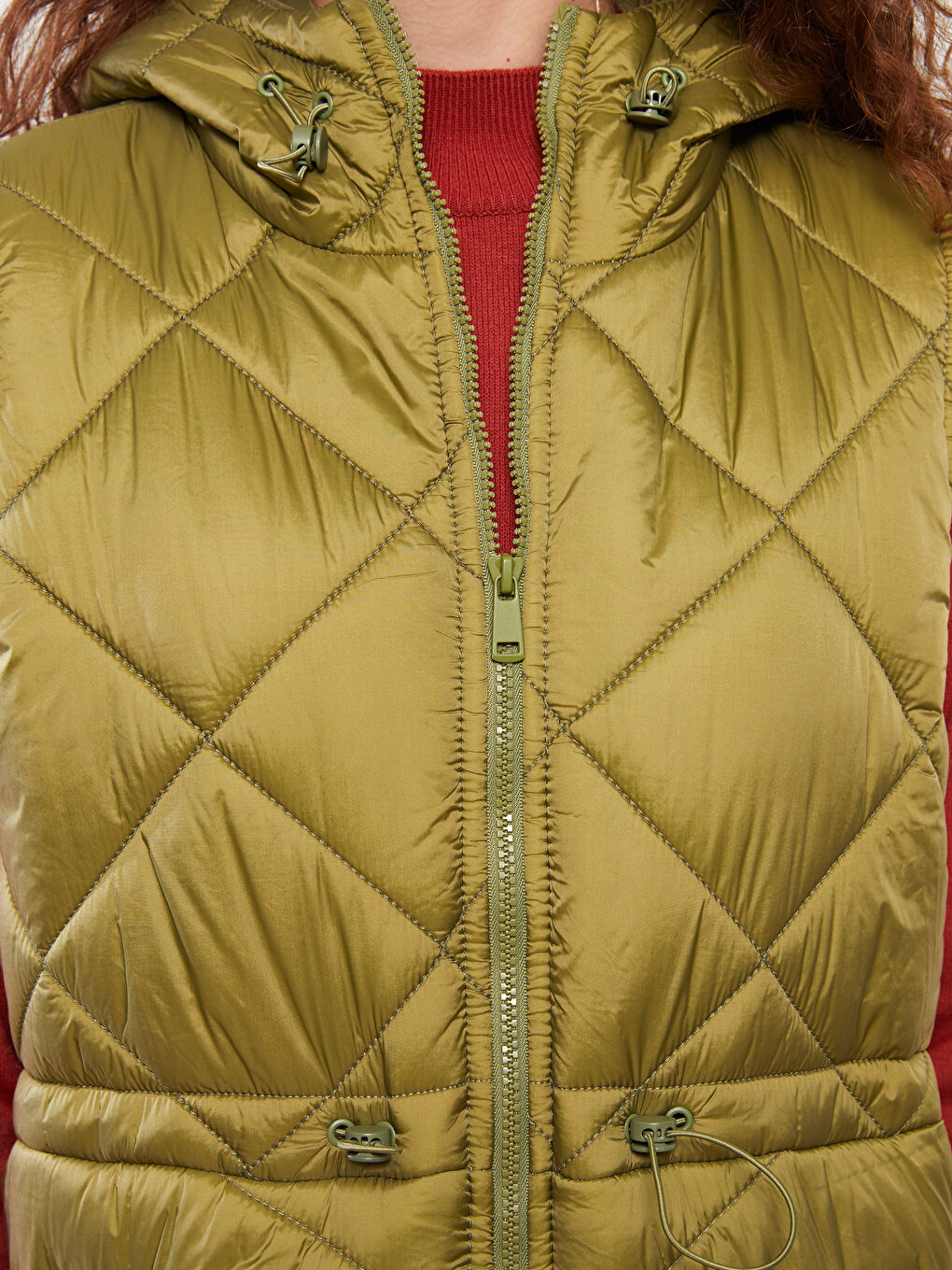 Haki Kapüşonlu Kapitone Desenli Kadın Şişme Yelek-3