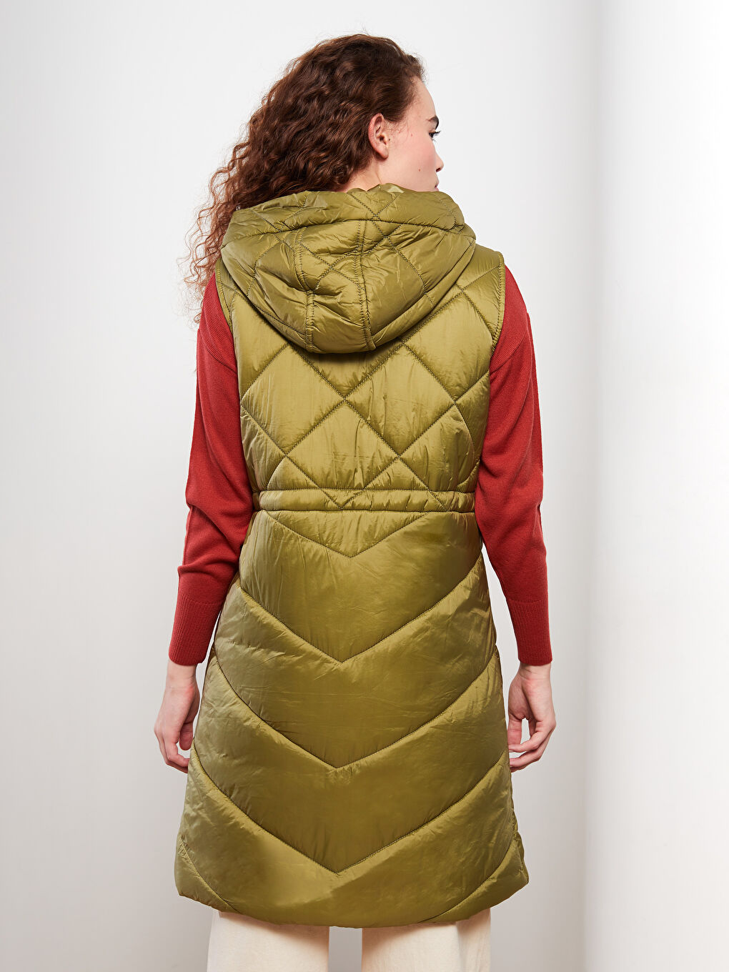 Haki Kapüşonlu Kapitone Desenli Kadın Şişme Yelek-4