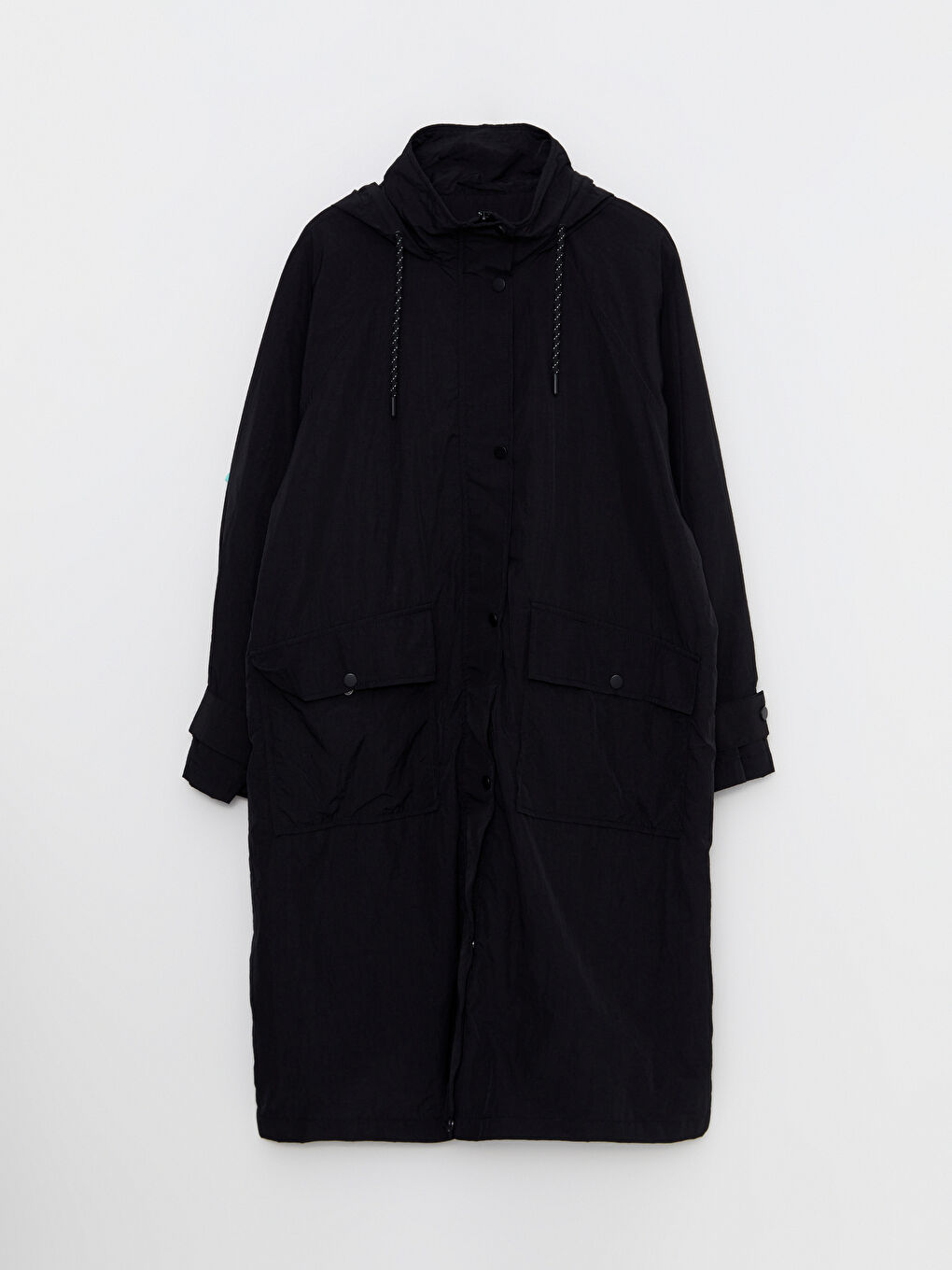 Siyah Kadın Kapüşonlu Düz Mont-6