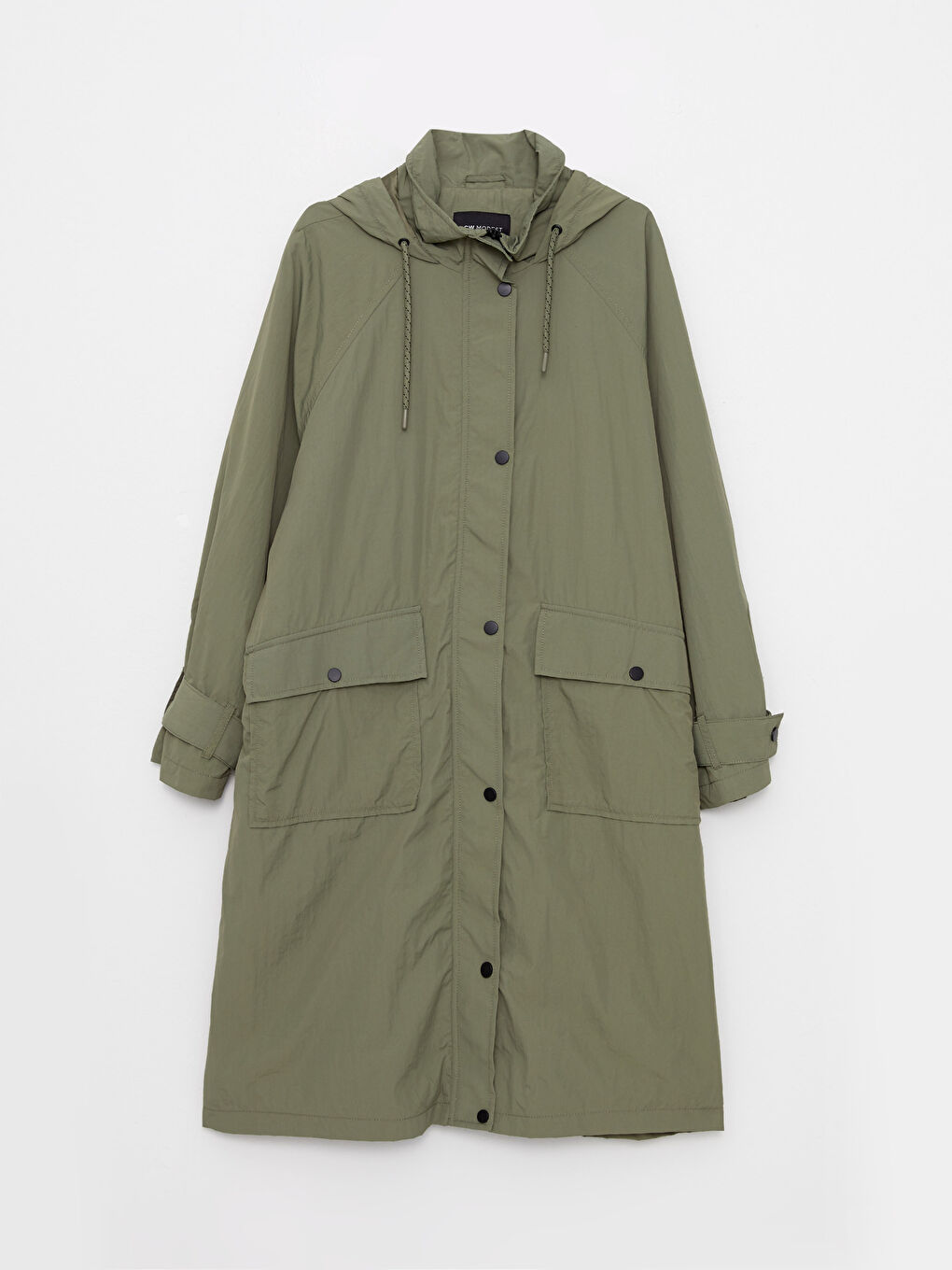 Haki Kadın Kapüşonlu Düz Mont-7