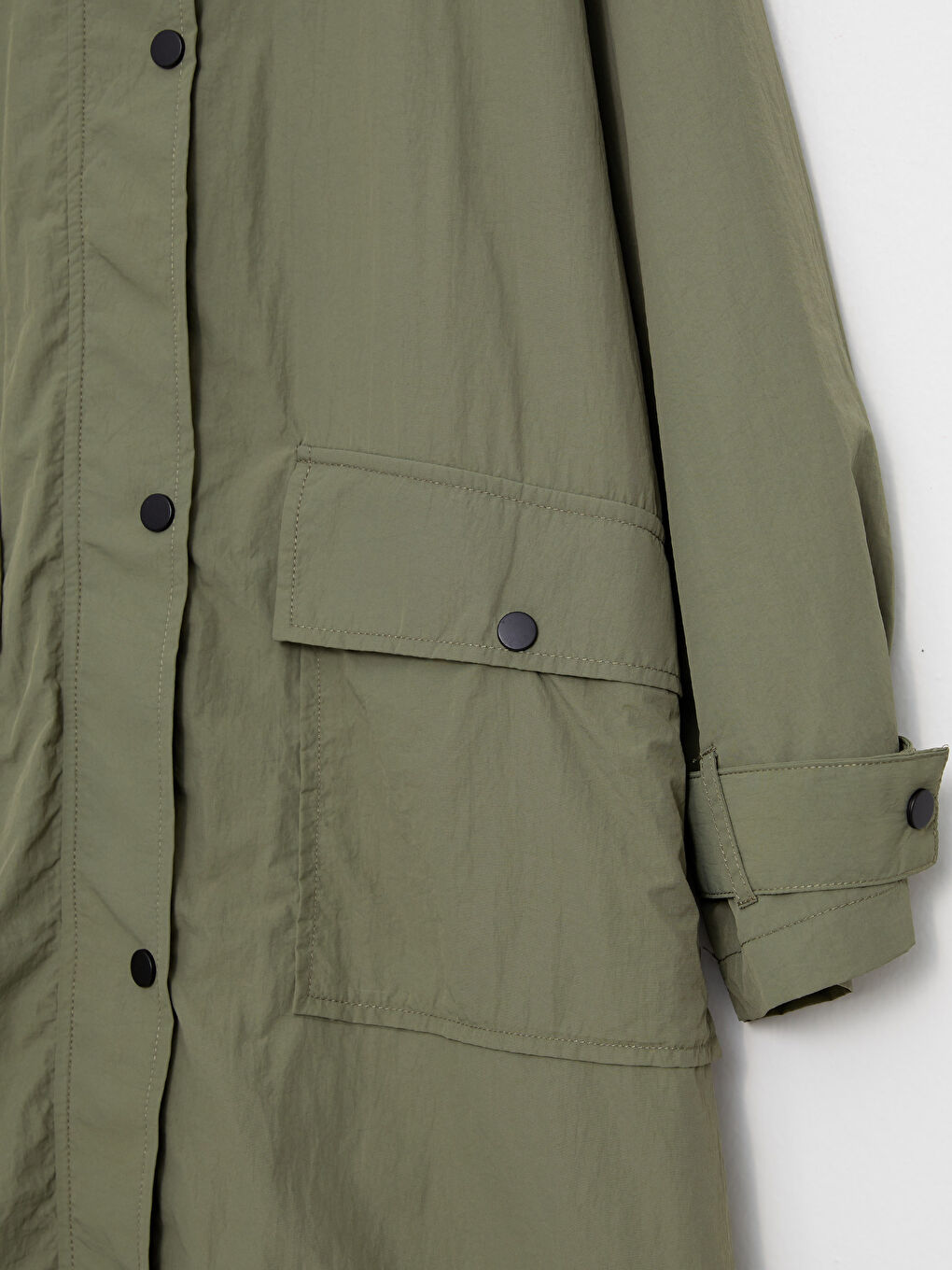 Haki Kadın Kapüşonlu Düz Mont-9