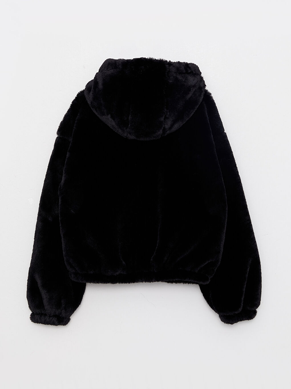 Siyah Kapüşonlu Düz Uzun Kollu Pelüş Kadın Mont-14