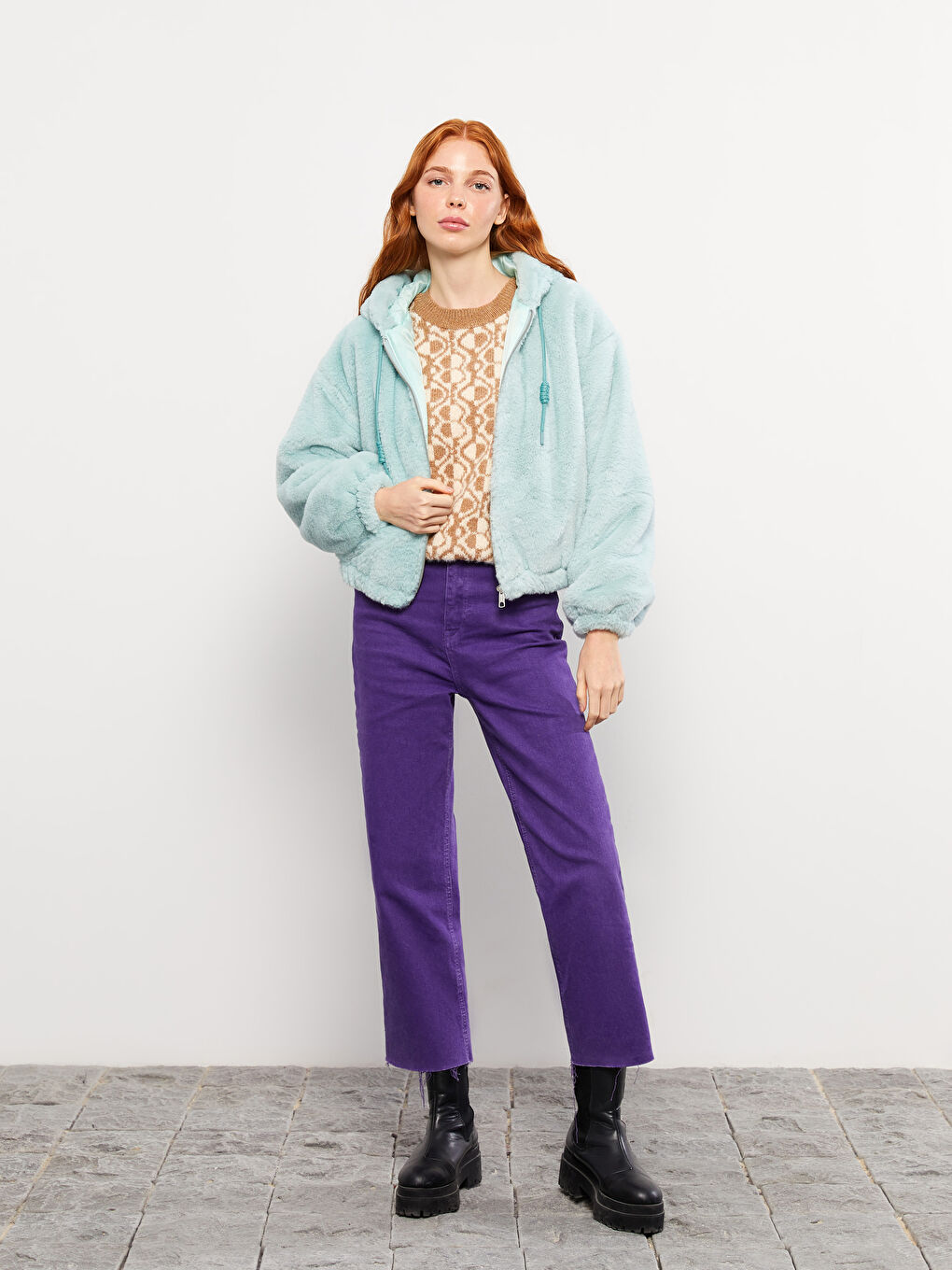 Yeşil Kapüşonlu Düz Uzun Kollu Pelüş Kadın Mont-2