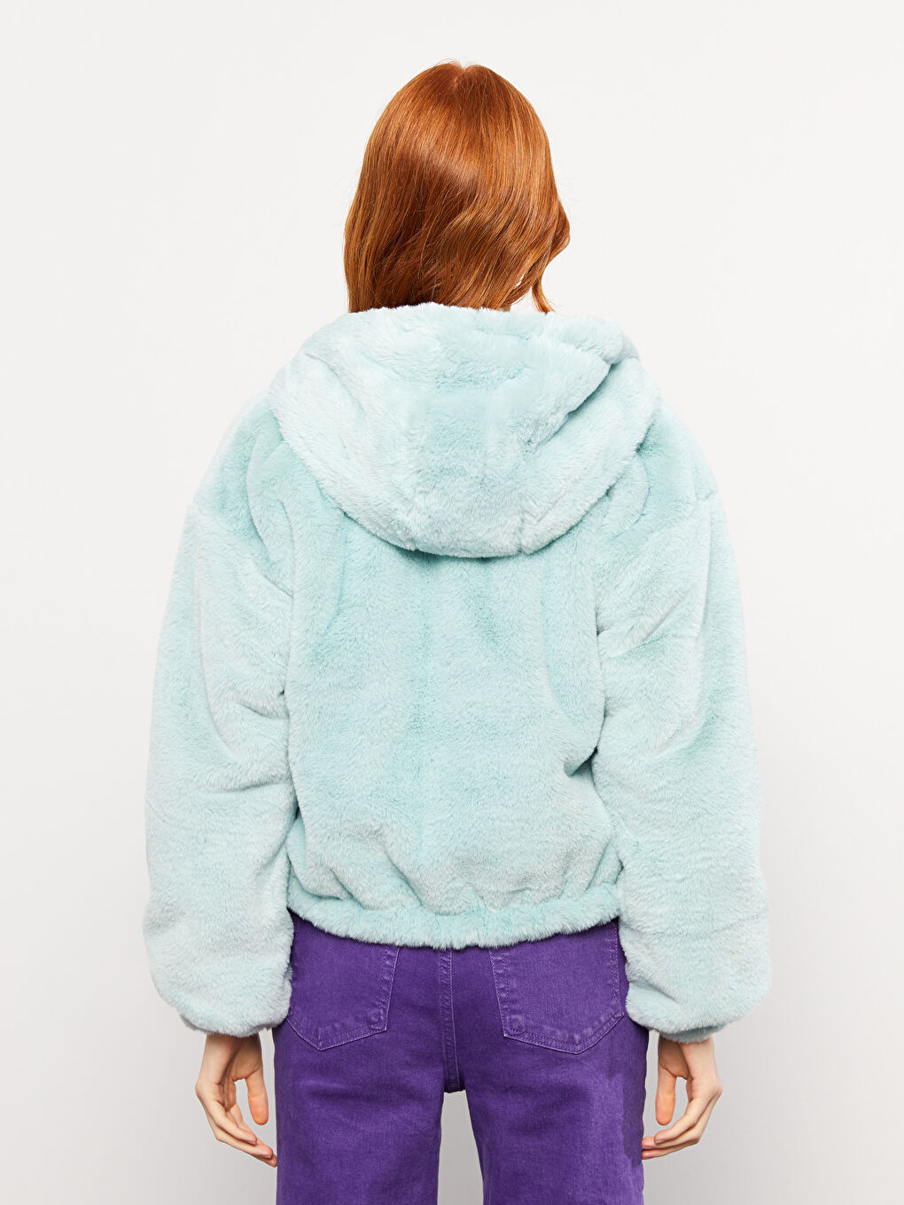 Yeşil Kapüşonlu Düz Uzun Kollu Pelüş Kadın Mont-4