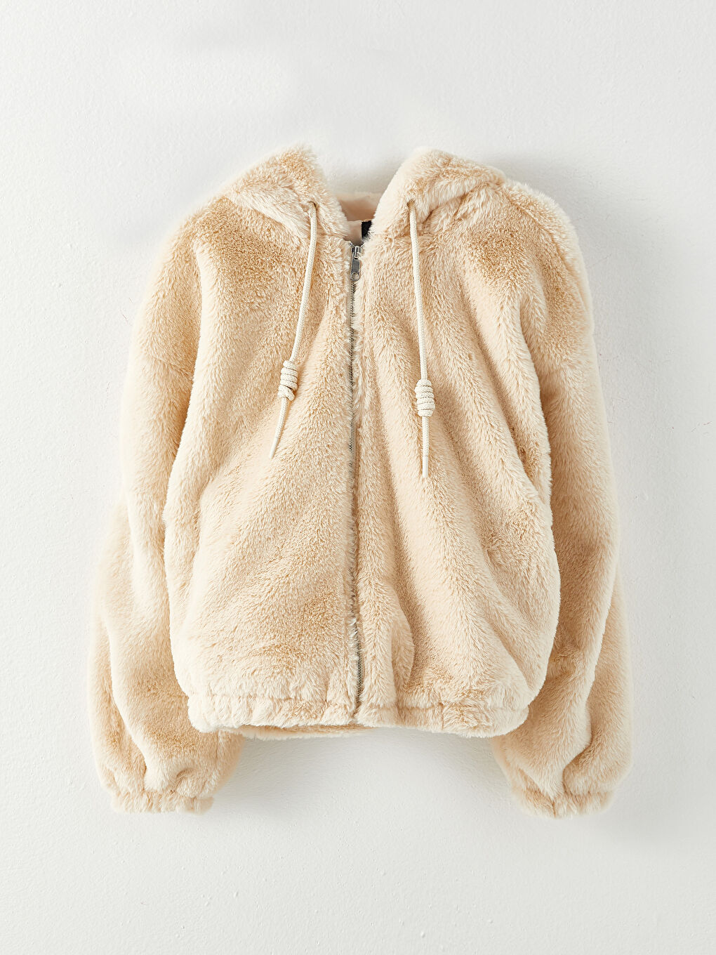 Ekru Kapüşonlu Düz Uzun Kollu Pelüş Kadın Mont-6