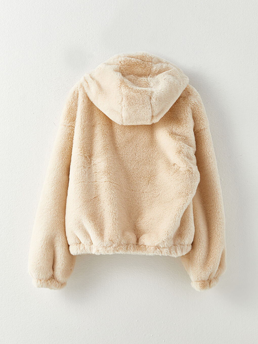 Ekru Kapüşonlu Düz Uzun Kollu Pelüş Kadın Mont-7