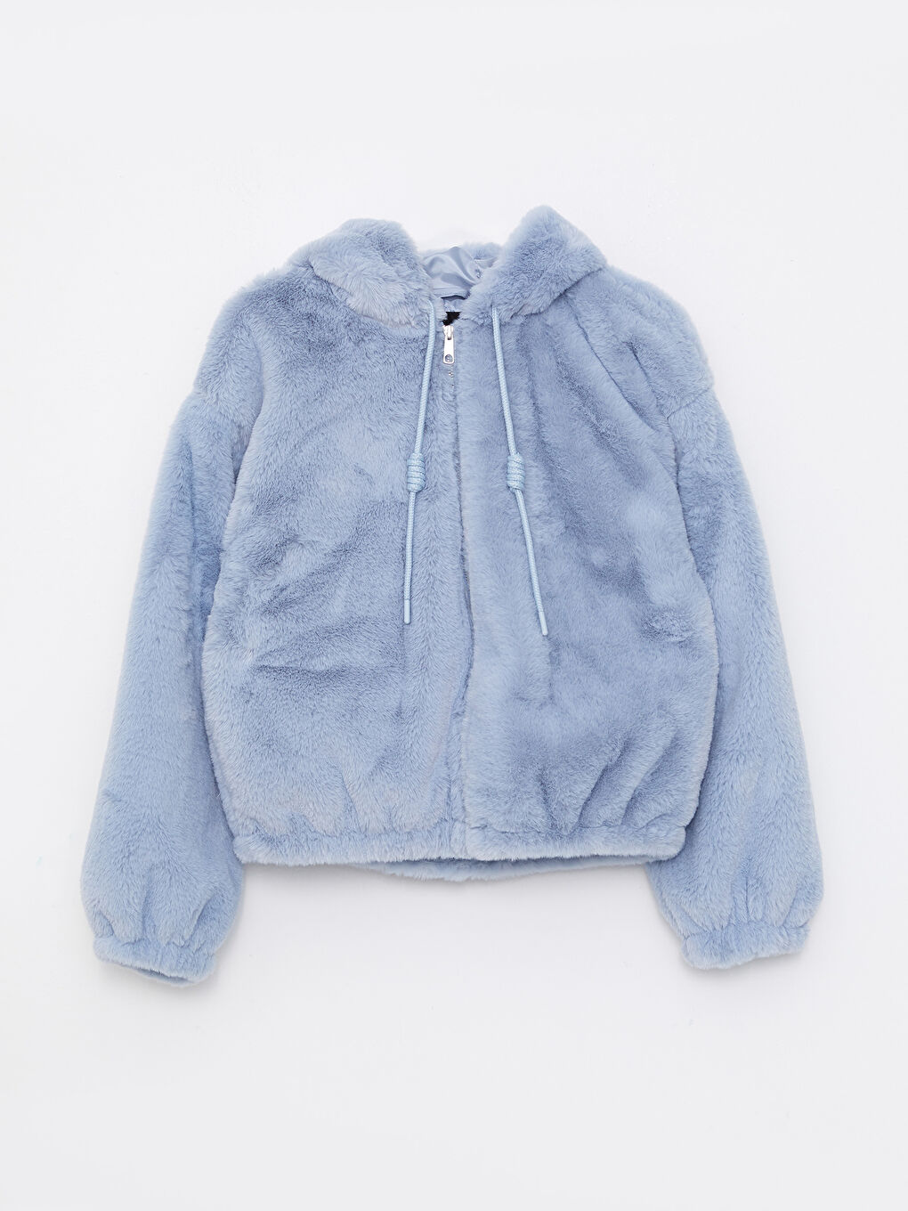 Mavi Kapüşonlu Düz Uzun Kollu Pelüş Kadın Mont-6