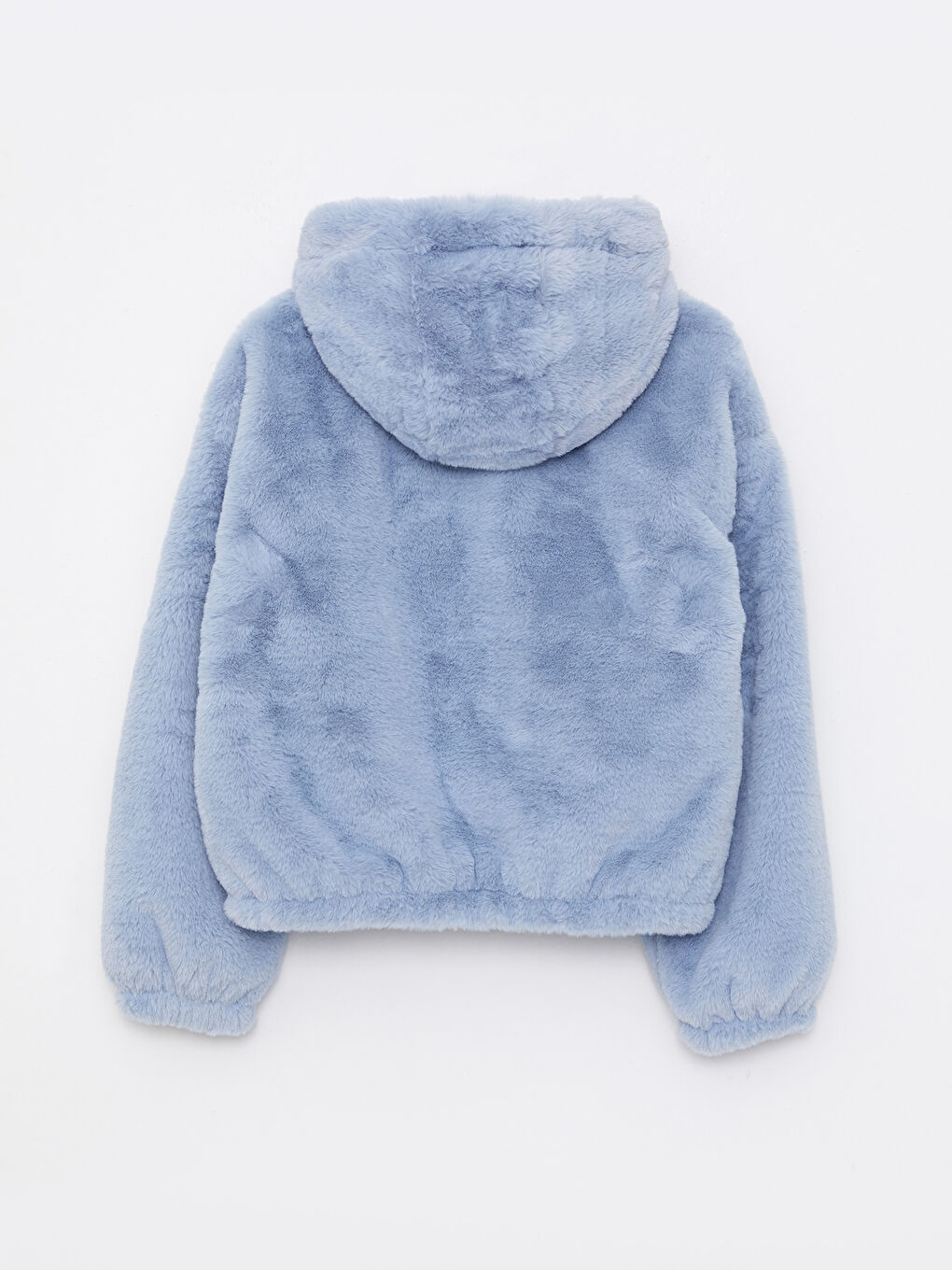 Mavi Kapüşonlu Düz Uzun Kollu Pelüş Kadın Mont-7