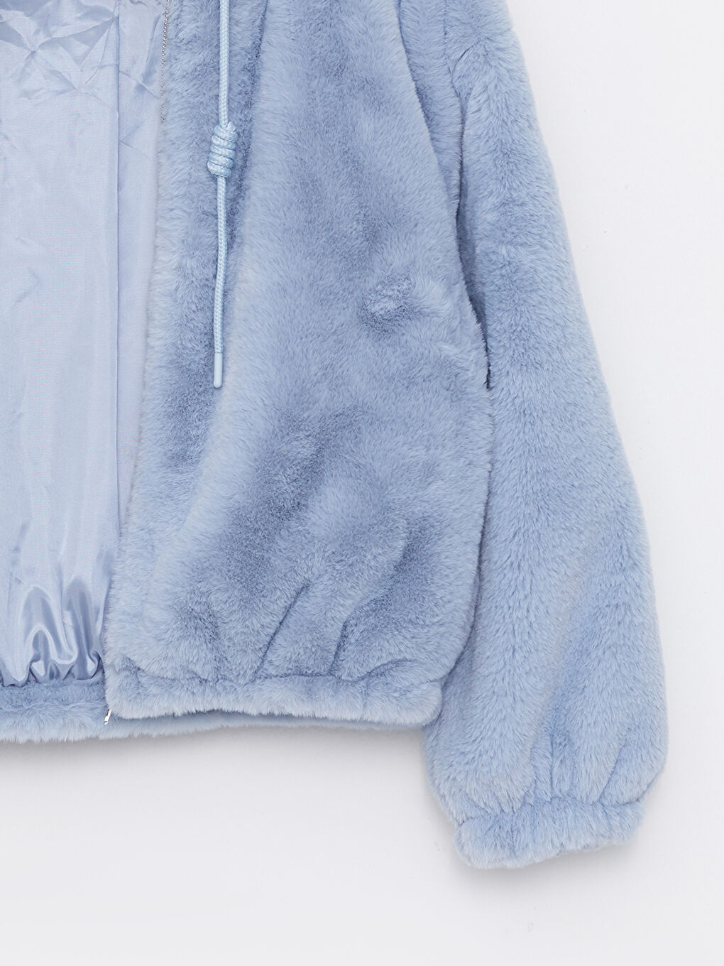 Mavi Kapüşonlu Düz Uzun Kollu Pelüş Kadın Mont-8