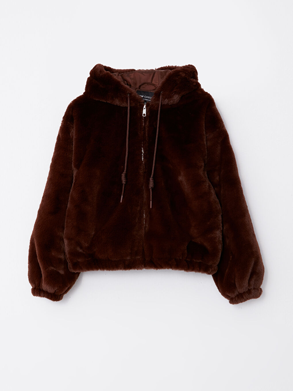 Kahverengi Kapüşonlu Düz Uzun Kollu Pelüş Kadın Mont-4