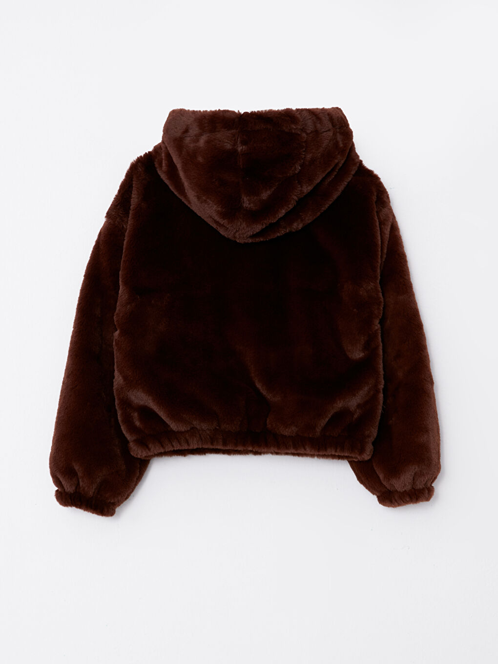 Kahverengi Kapüşonlu Düz Uzun Kollu Pelüş Kadın Mont-5