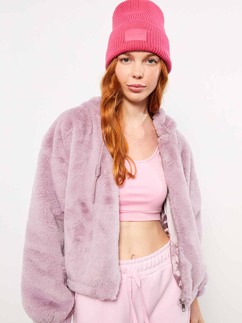 Pembe Kapüşonlu Düz Uzun Kollu Pelüş Kadın Mont