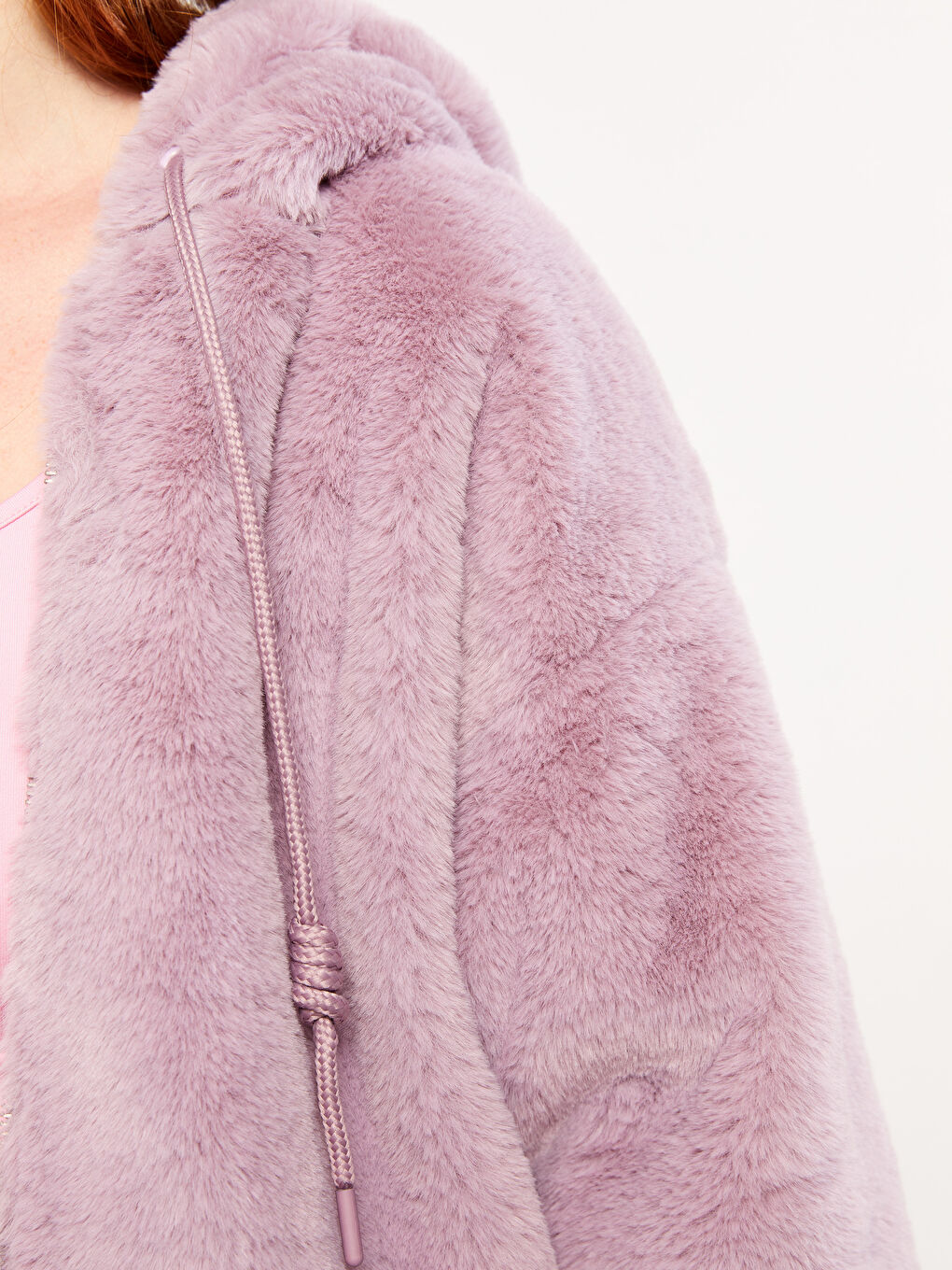 Pembe Kapüşonlu Düz Uzun Kollu Pelüş Kadın Mont-2