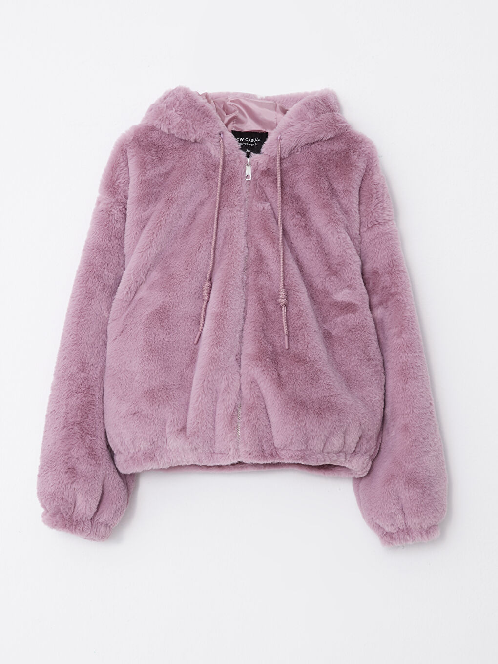 Pembe Kapüşonlu Düz Uzun Kollu Pelüş Kadın Mont-5