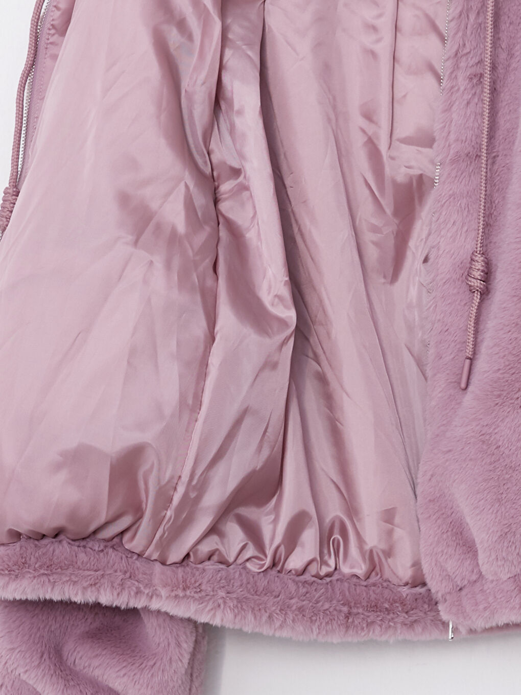 Pembe Kapüşonlu Düz Uzun Kollu Pelüş Kadın Mont-7