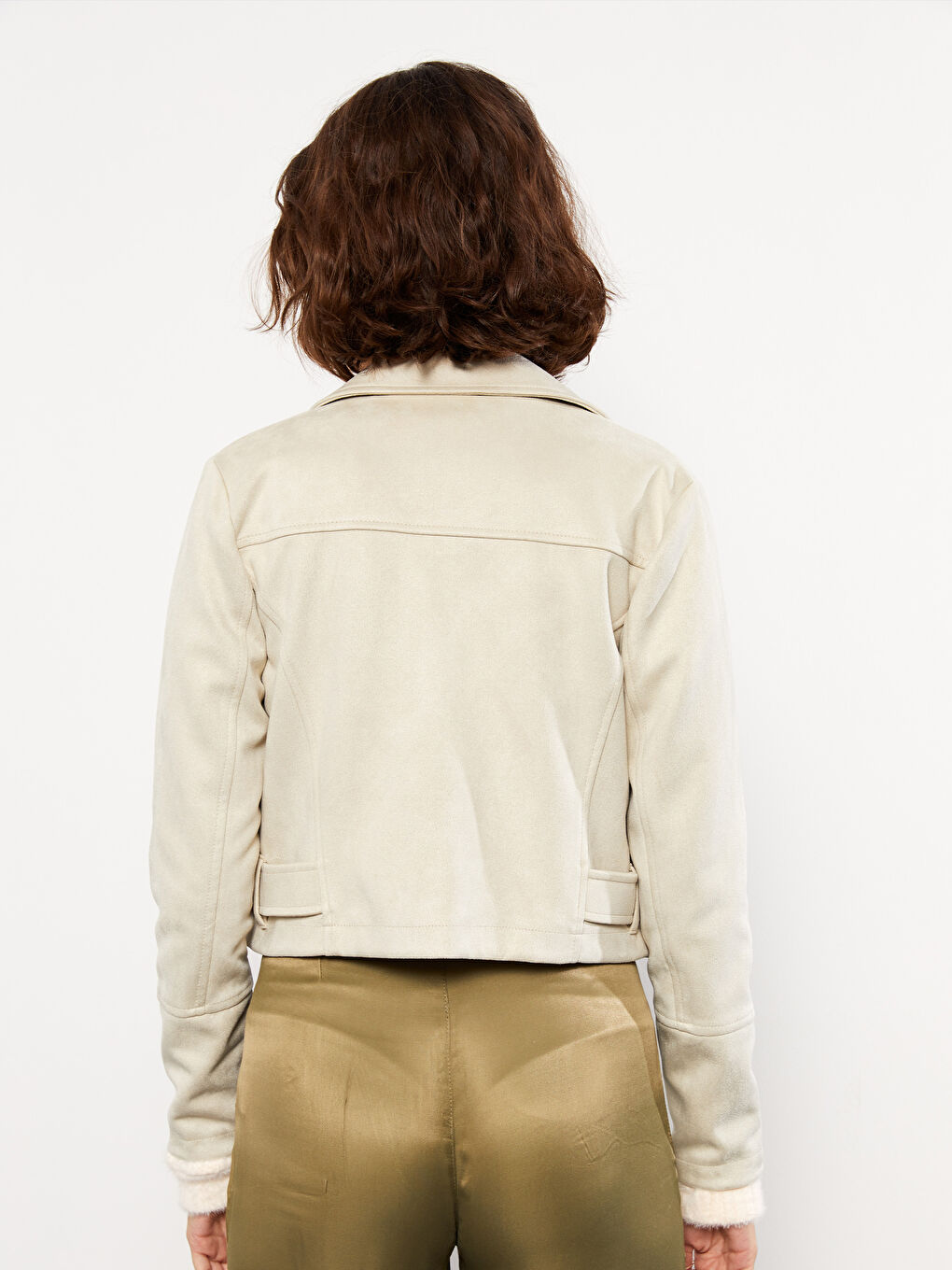 Bej Biker Yaka Kadın Süet Görünümlü Mont-4