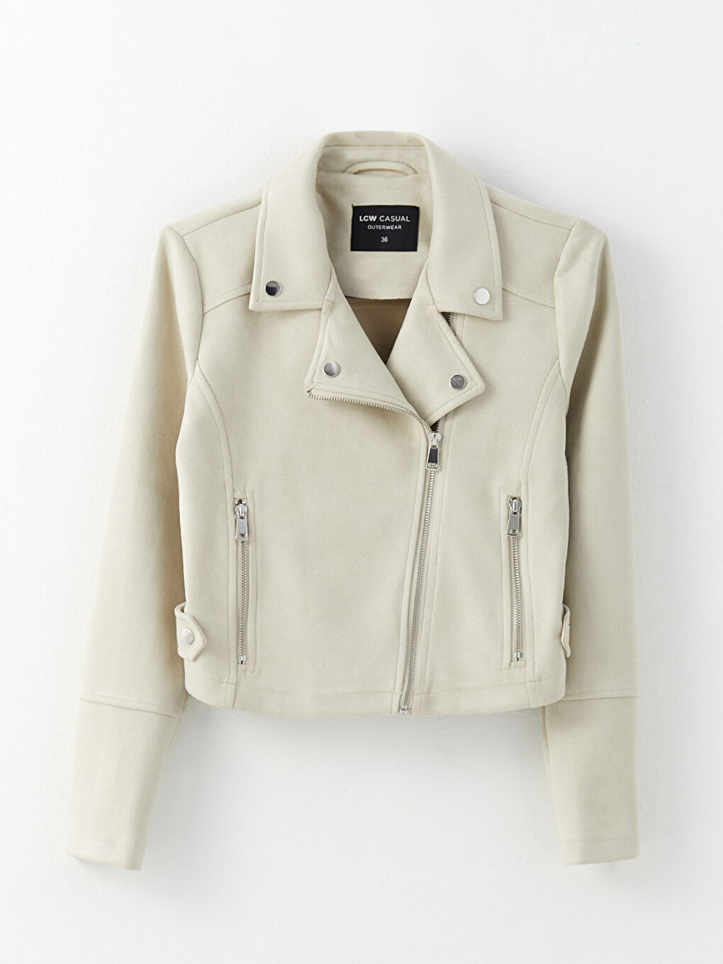 Bej Biker Yaka Kadın Süet Görünümlü Mont-5