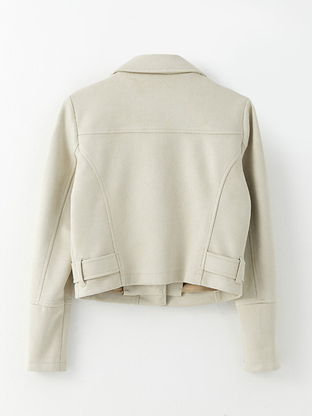 Bej Biker Yaka Kadın Süet Görünümlü Mont-6