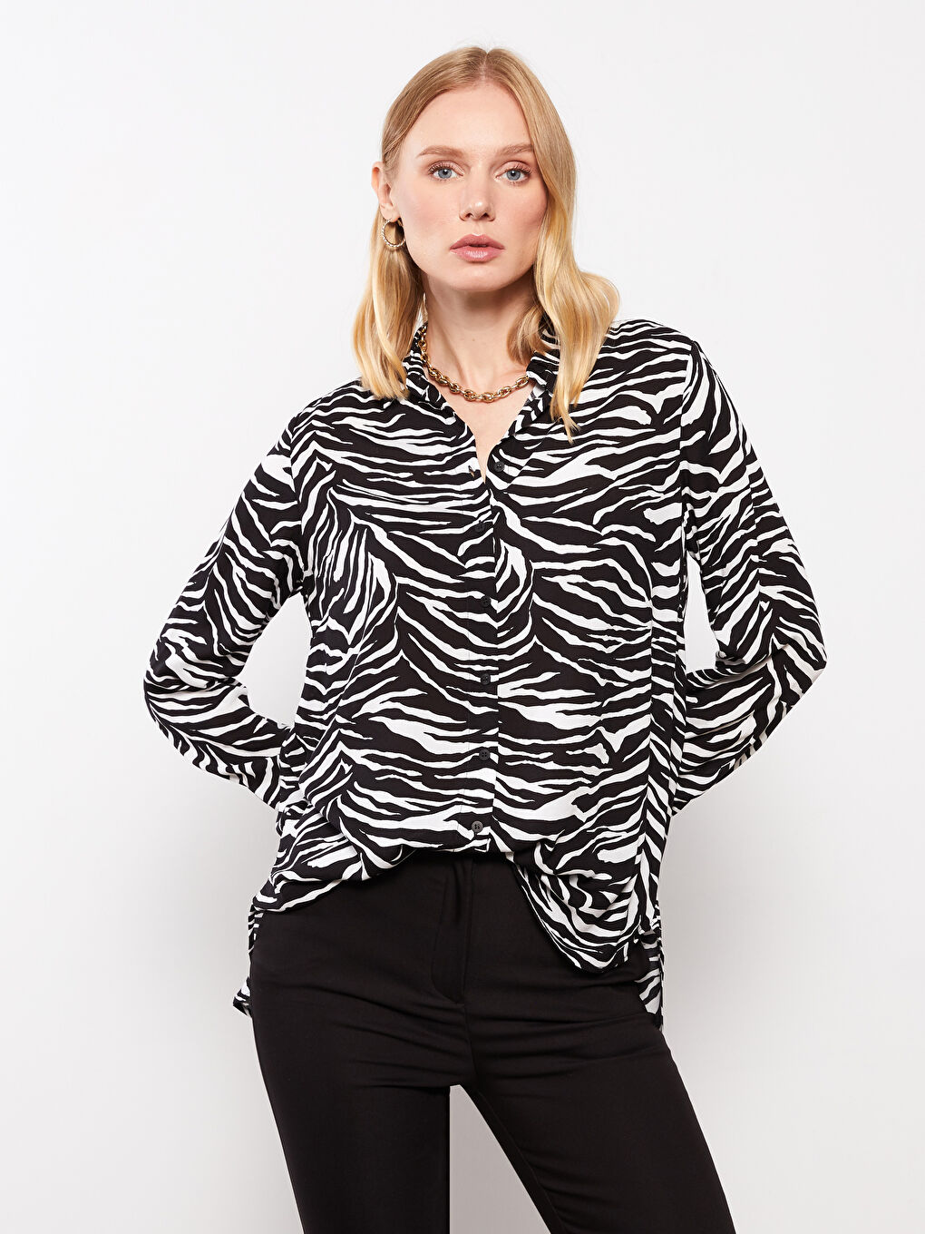 Front Button Closure Patterned Long Sleeve Viscose Women's Shirt