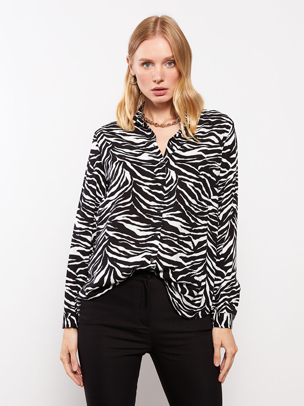 Front Button Closure Patterned Long Sleeve Viscose Women's Shirt-1