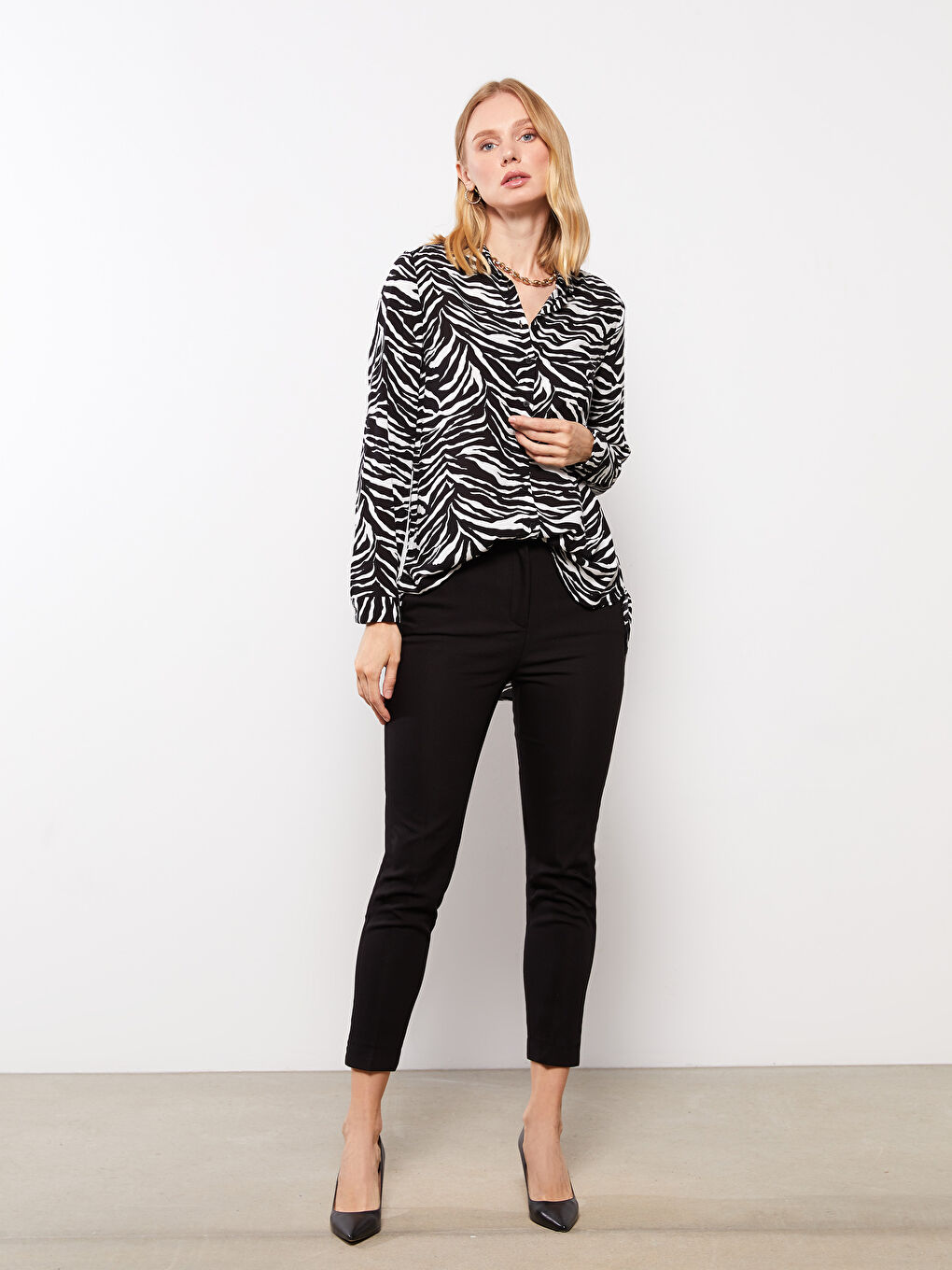 Front Button Closure Patterned Long Sleeve Viscose Women's Shirt-2