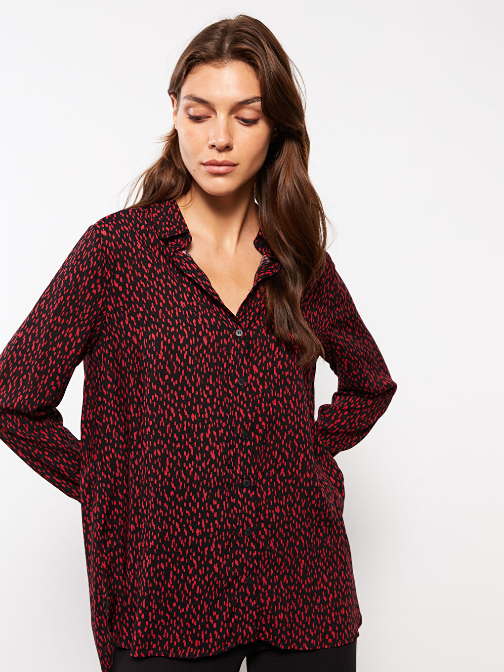 Front Button Closure Patterned Long Sleeve Viscose Women's Shirt