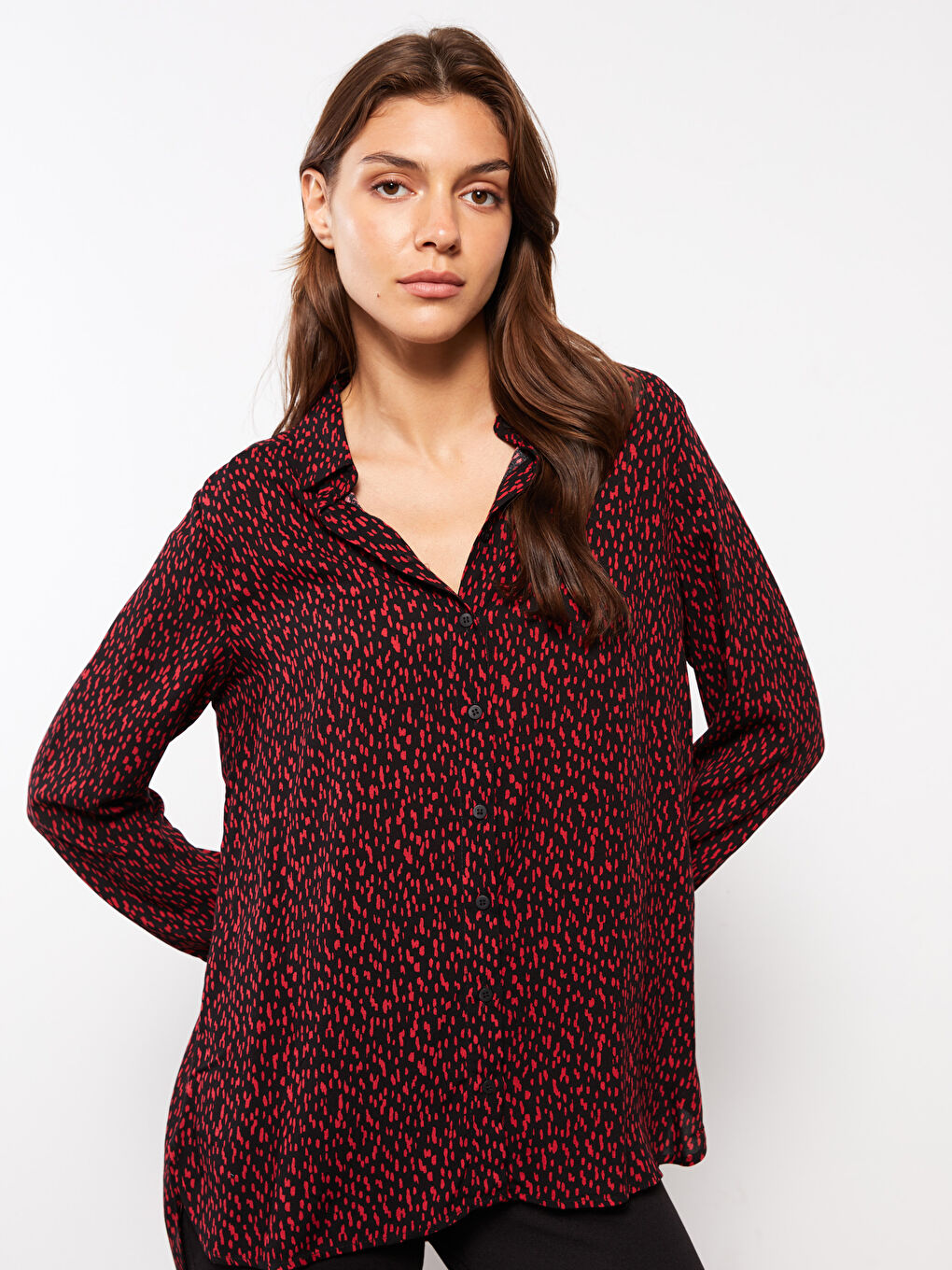 Front Button Closure Patterned Long Sleeve Viscose Women's Shirt-1