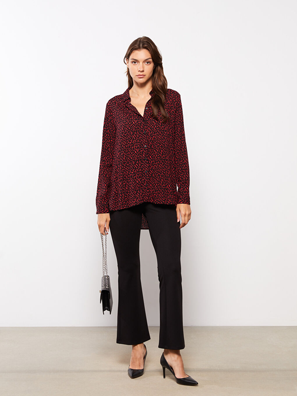Front Button Closure Patterned Long Sleeve Viscose Women's Shirt-2