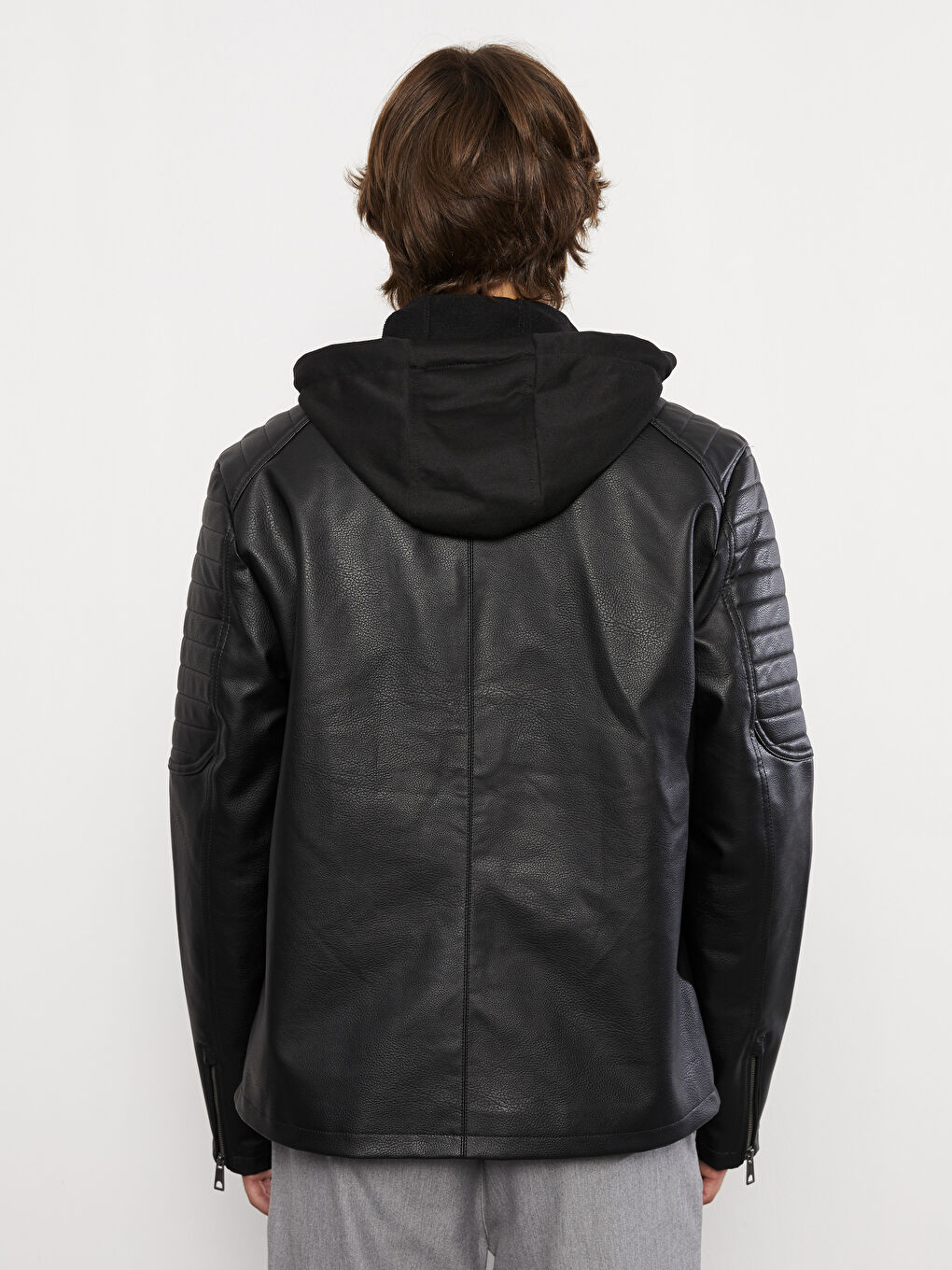 Siyah Standart Kalıp Kapüşonlu Erkek Deri Görünümlü Mont-5